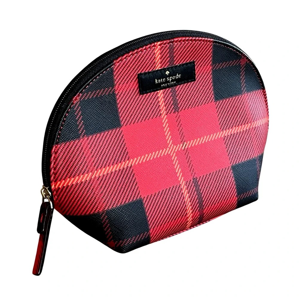 KATE SPADE New York Newbury Lane Keri Cosmetic Pouch Red/Black Plaid Top Zip Bag
